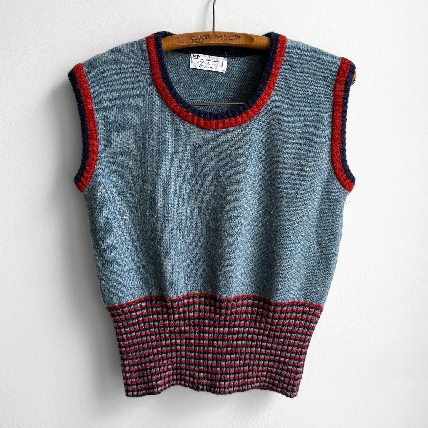 1970s Blue & Red Knit Sweater Vest