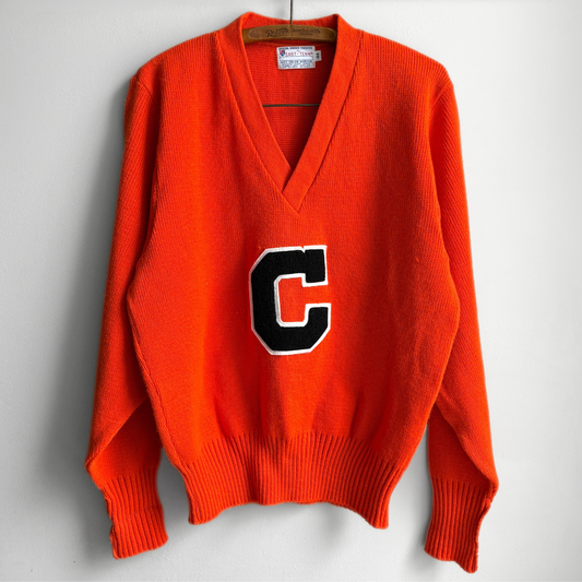 1980s Orange V-Neck Letterman Sweater