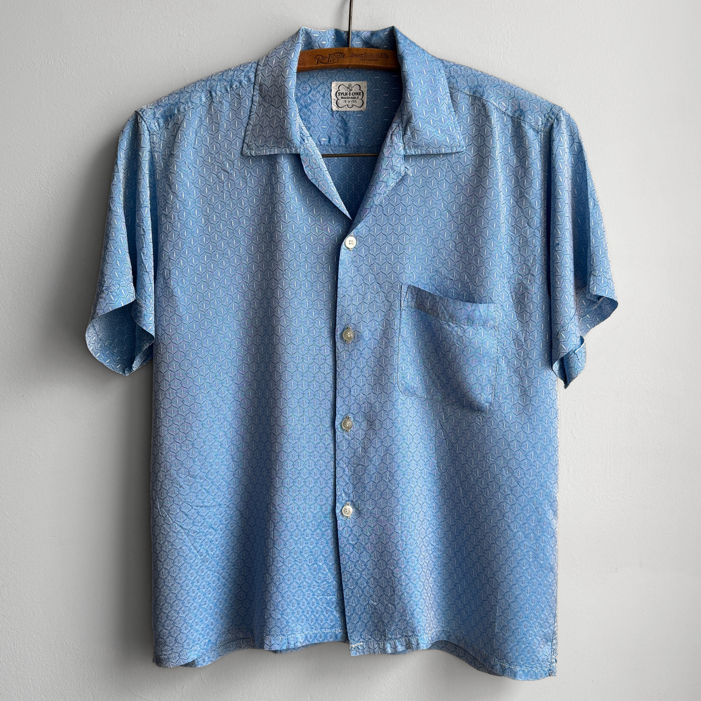 1950s Blue Textured Rayon Loop Collar Shirt