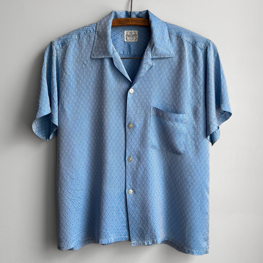 1950s Blue Textured Rayon Loop Collar Shirt