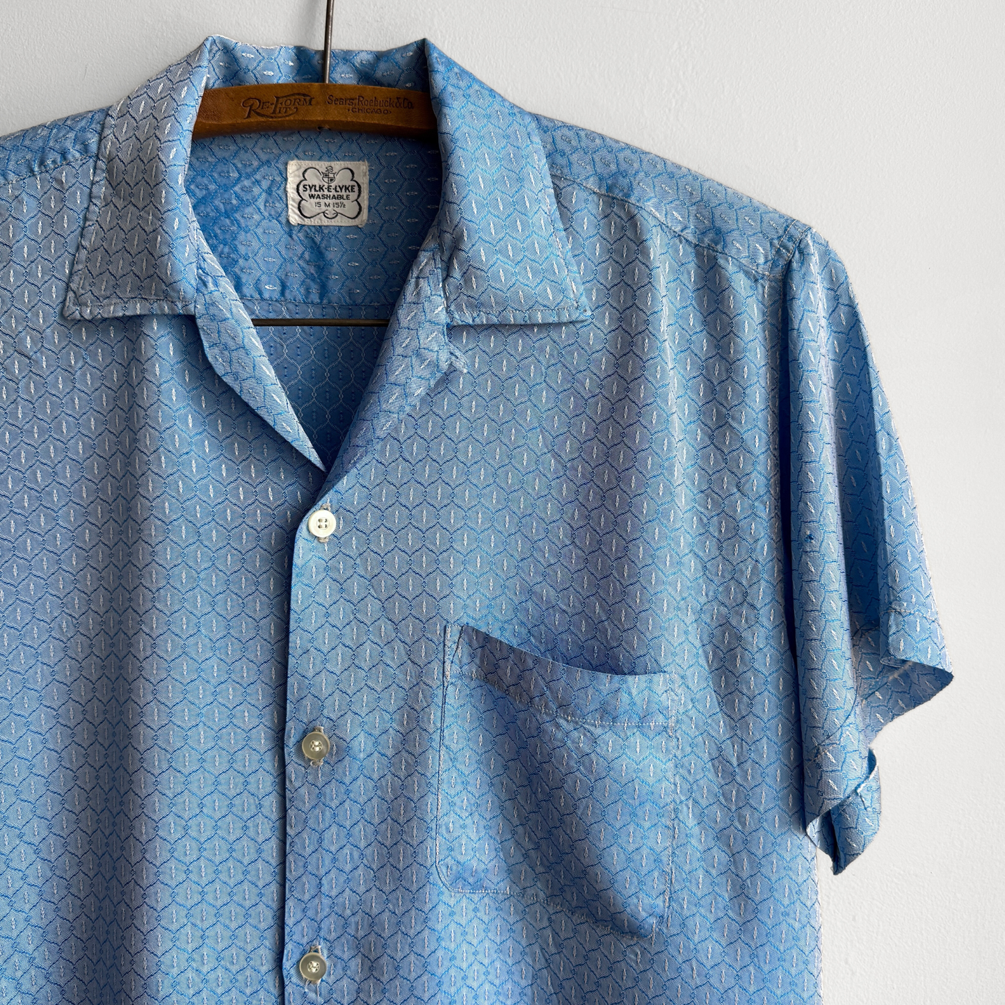 1950s Blue Textured Rayon Loop Collar Shirt