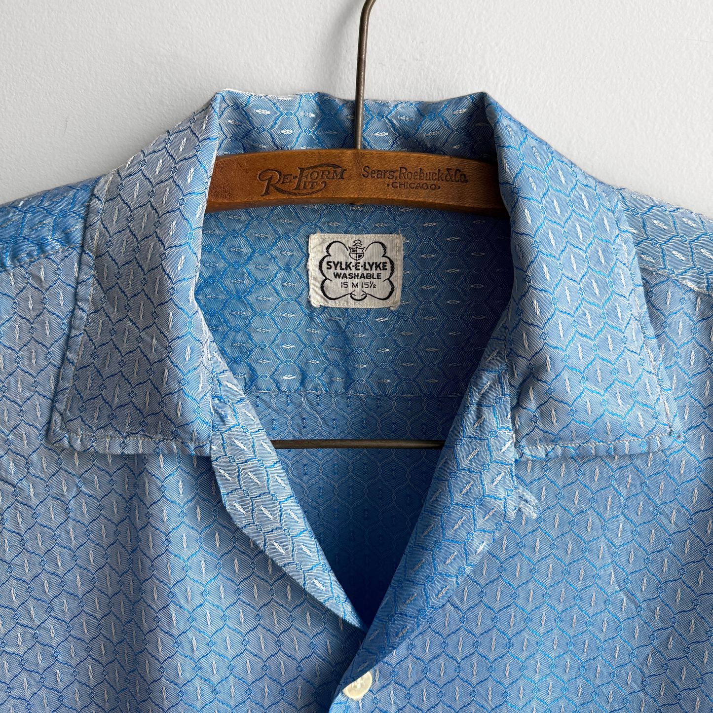 1950s Blue Textured Rayon Loop Collar Shirt