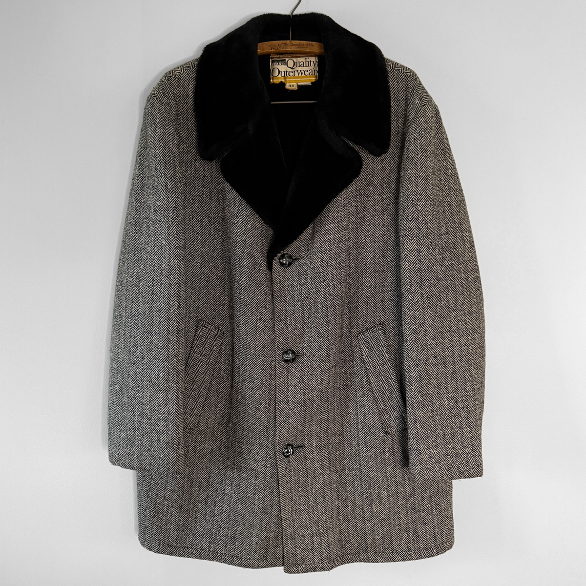 1970s Black & White Herringbone Shearling Coat