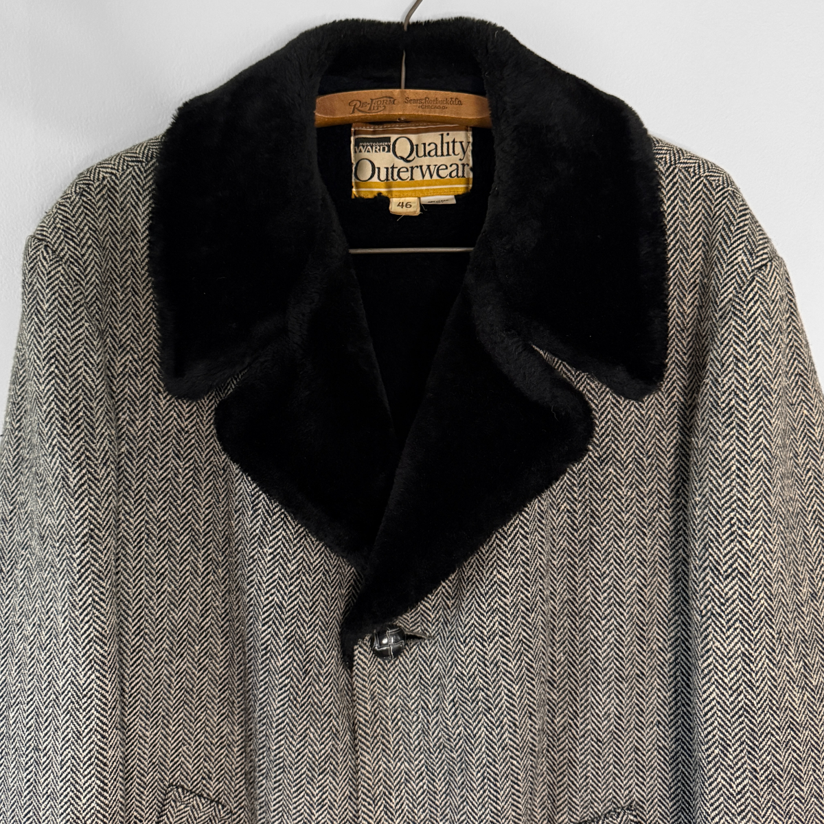 1970s Black & White Herringbone Shearling Coat