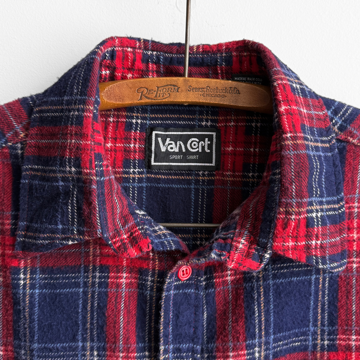 1970s Red & Navy Blue Plaid Flannel Shirt