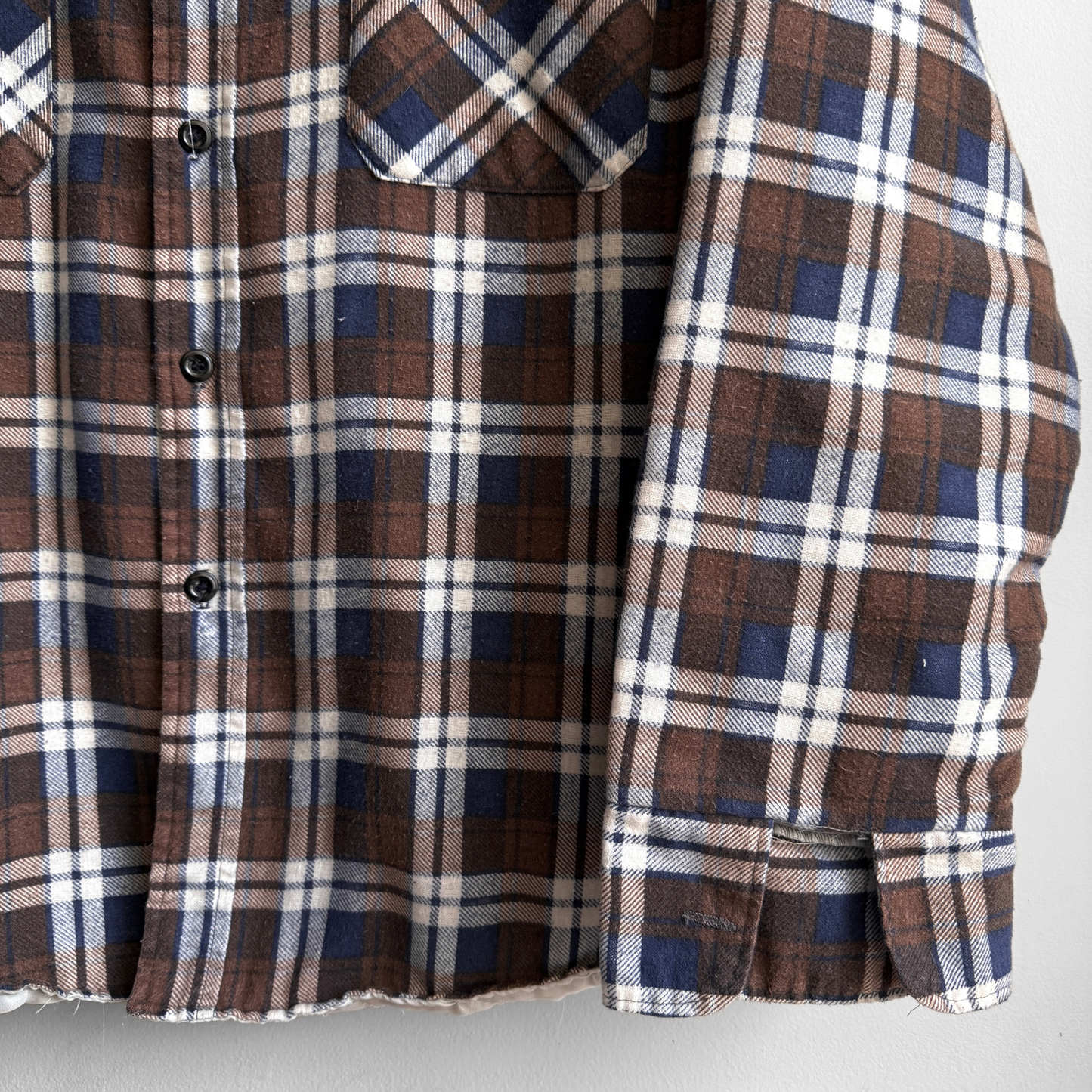 1970s Brown & Blue Quilted Plaid Flannel Shirt