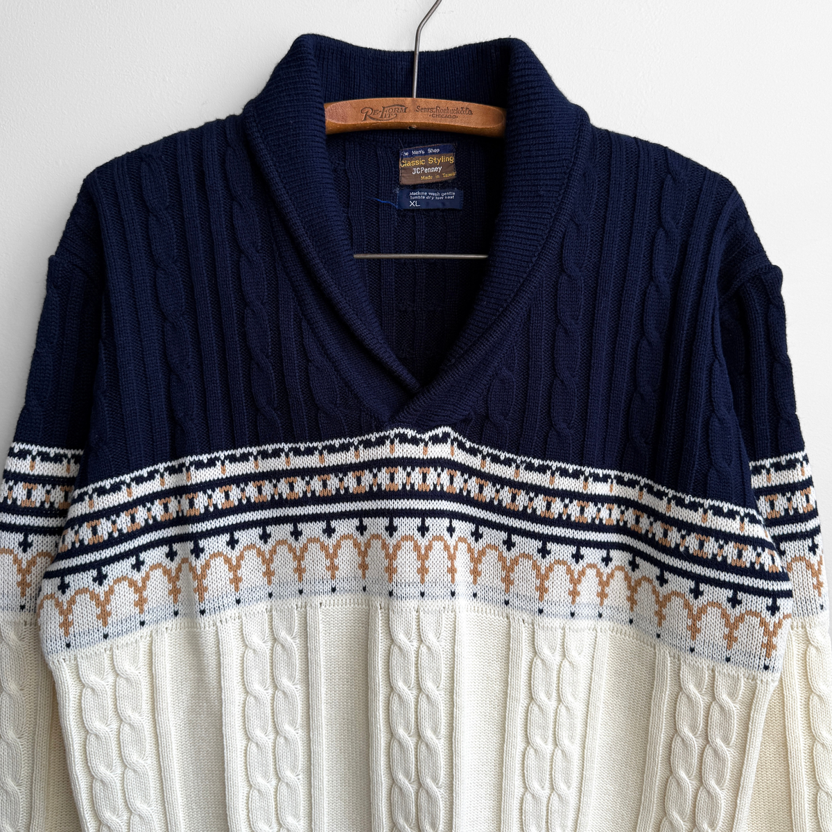 1970s Navy & White Cable Knit Shawl Collar Sweater
