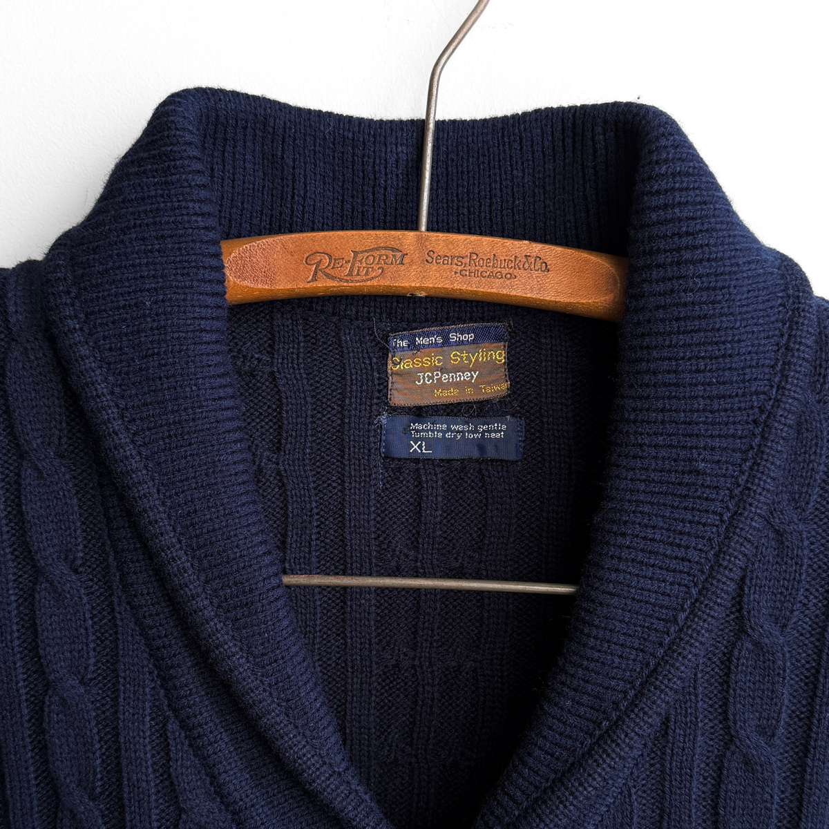 1970s Navy & White Cable Knit Shawl Collar Sweater