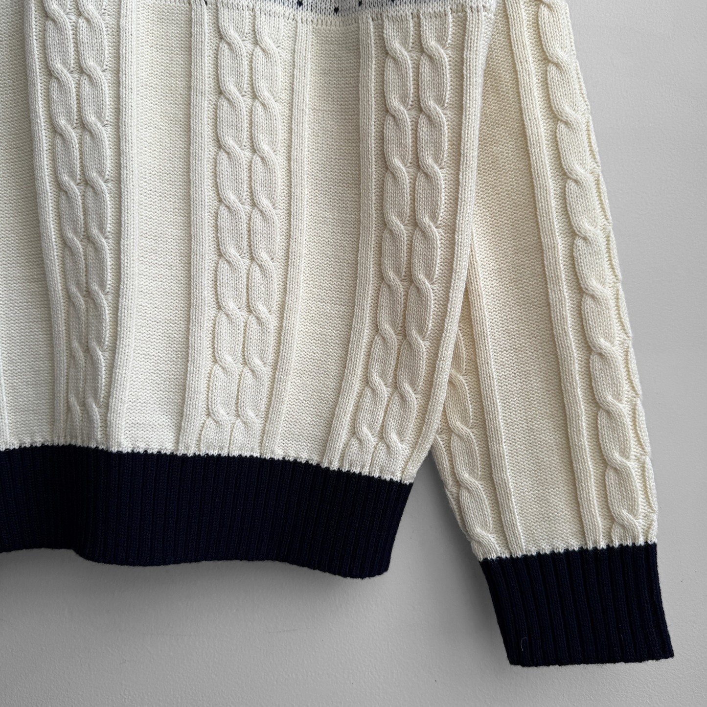 1970s Navy & White Cable Knit Shawl Collar Sweater