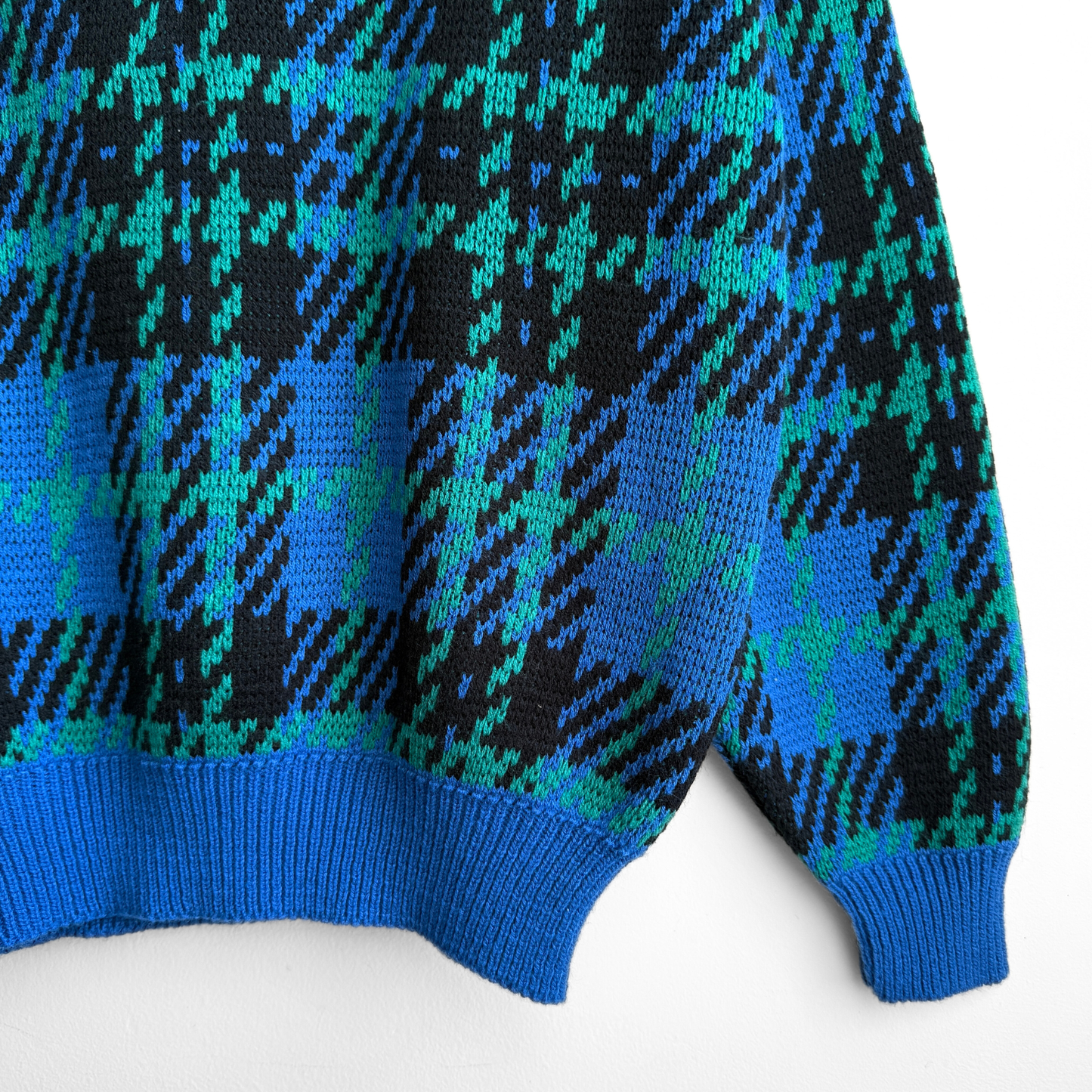 1970s Blue & Green Geometric Knit V-Neck Sweater