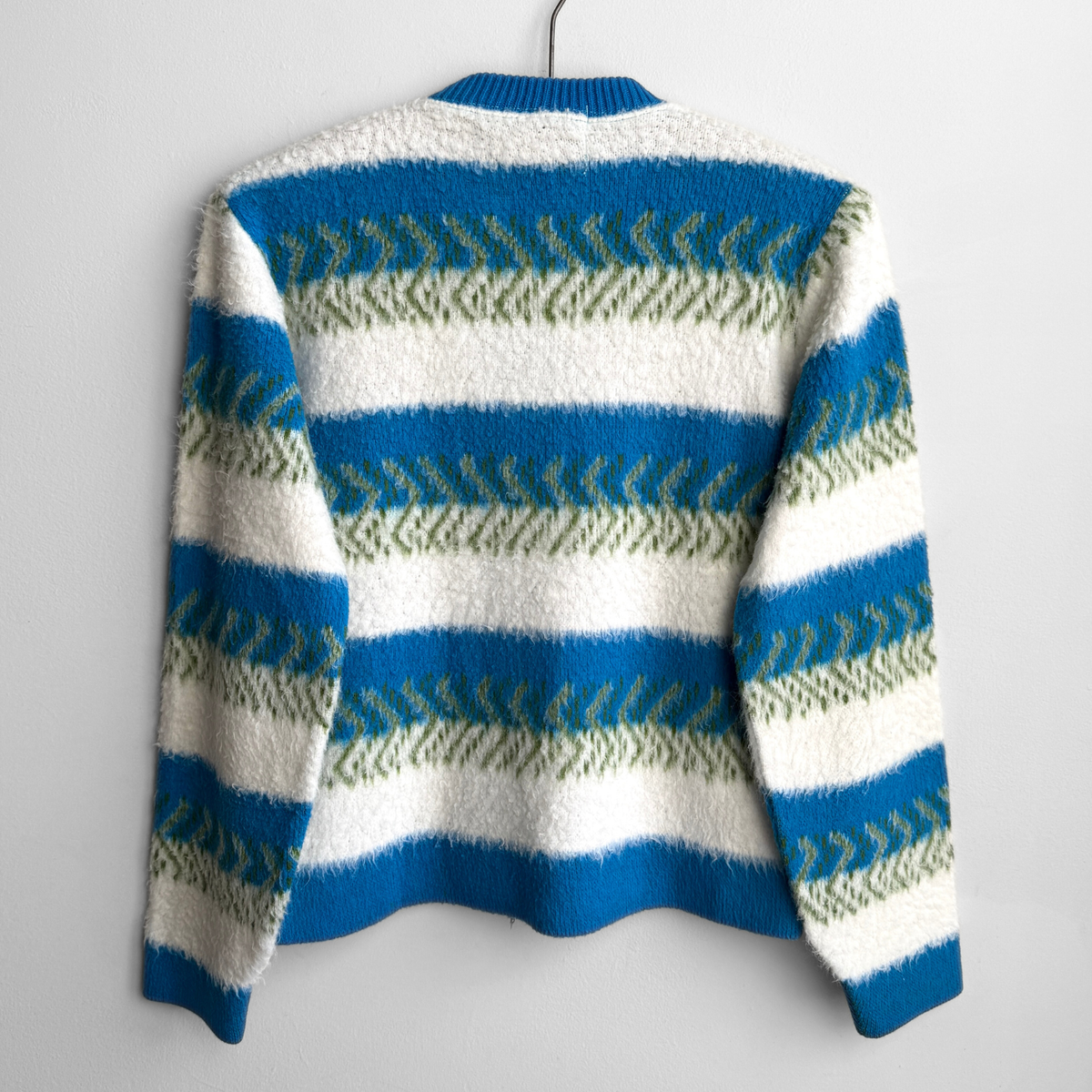 1960s Blue & Green Geometric Knit Zip Up Cardigan