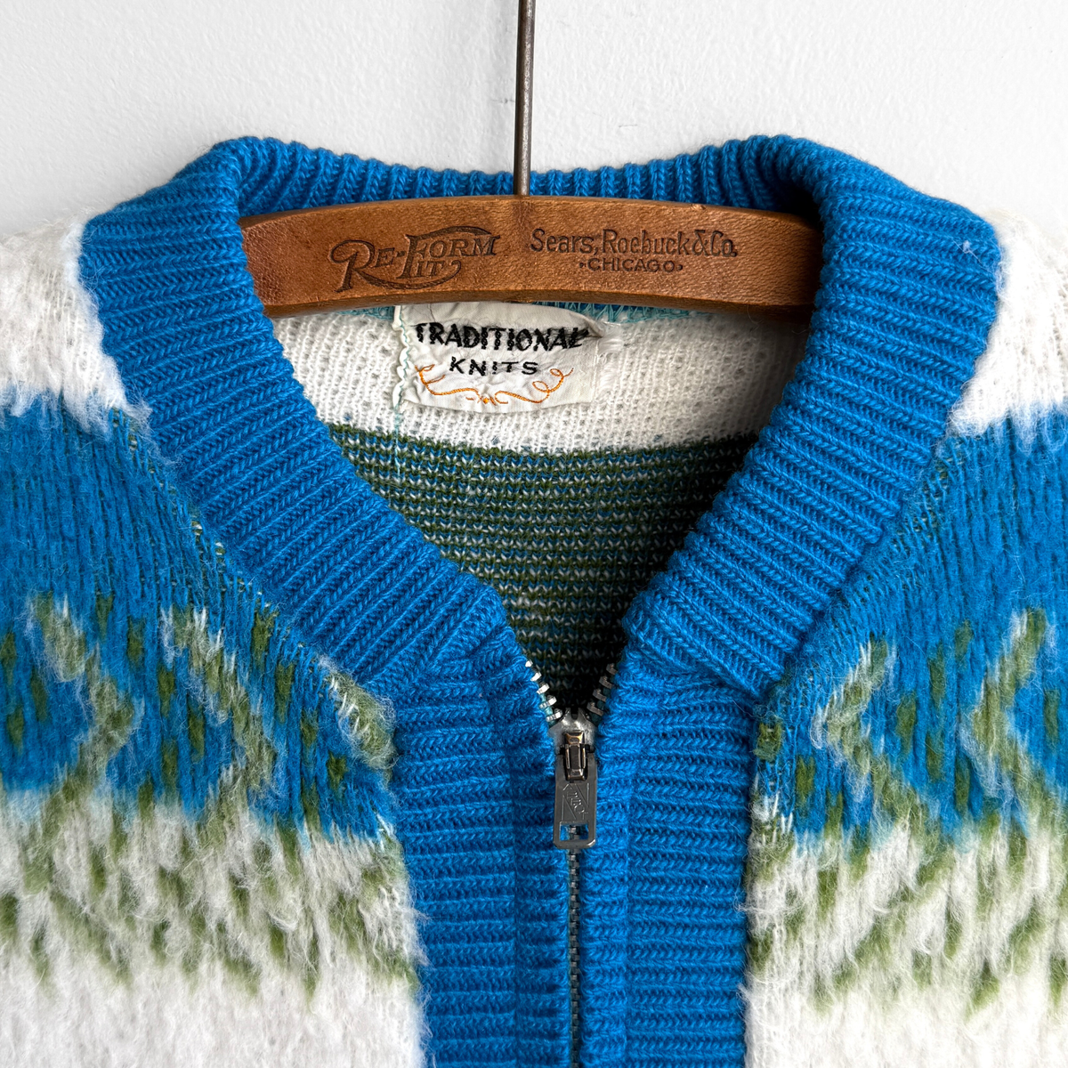 1960s Blue & Green Geometric Knit Zip Up Cardigan