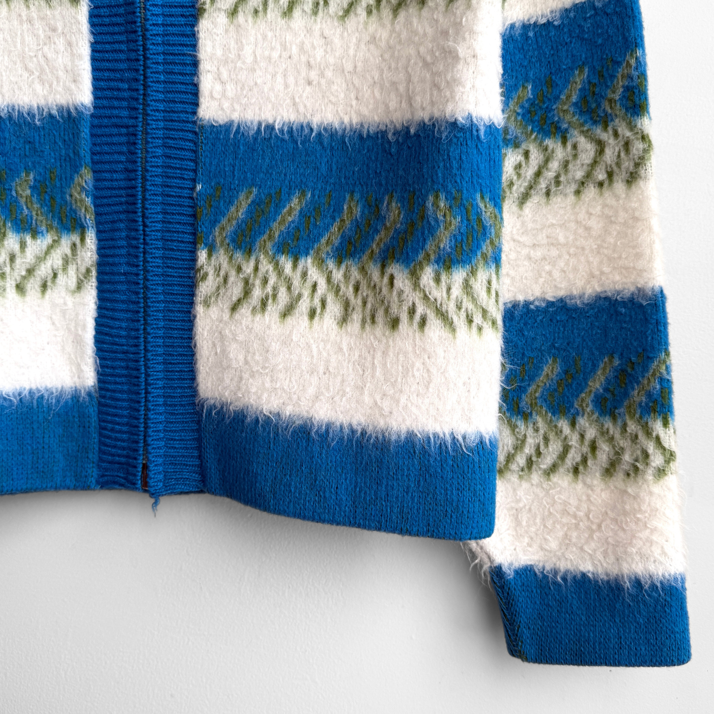 1960s Blue & Green Geometric Knit Zip Up Cardigan