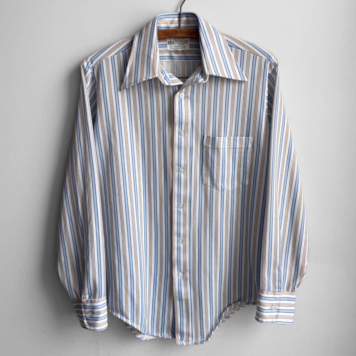 1970s Blue & Tan Striped Dress Shirt