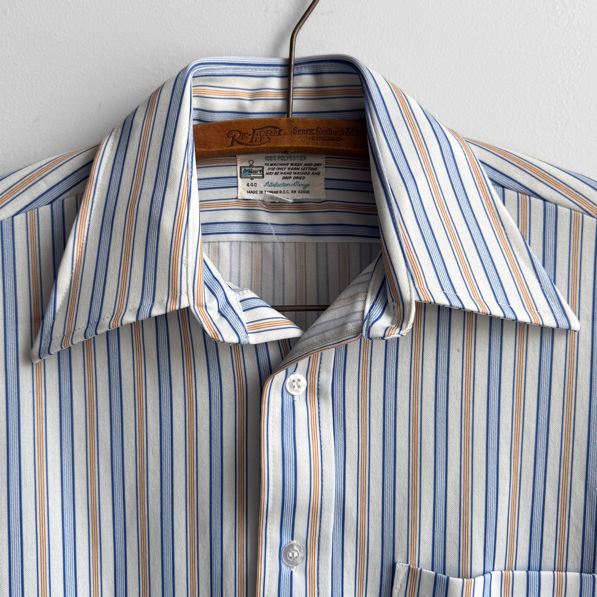 1970s Blue & Tan Striped Dress Shirt