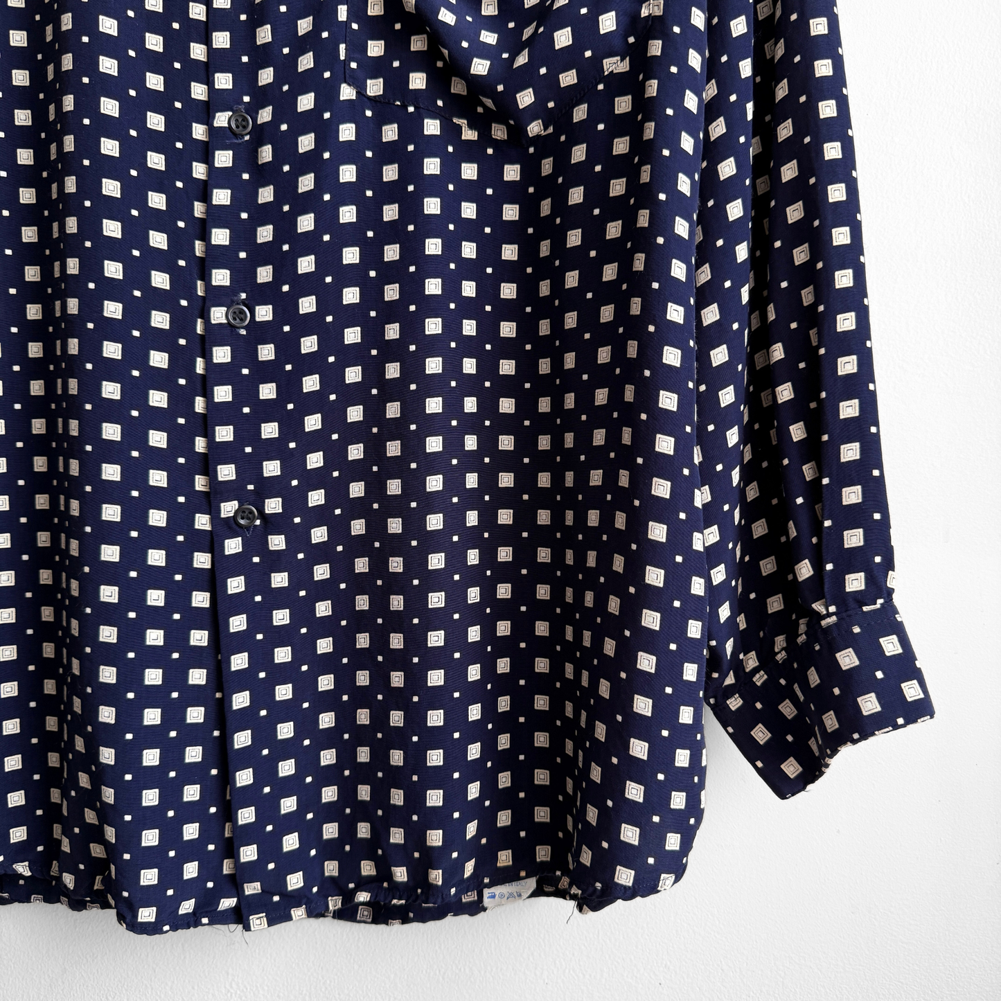 1980s Navy Blue Geometric Square Print Rayon Shirt