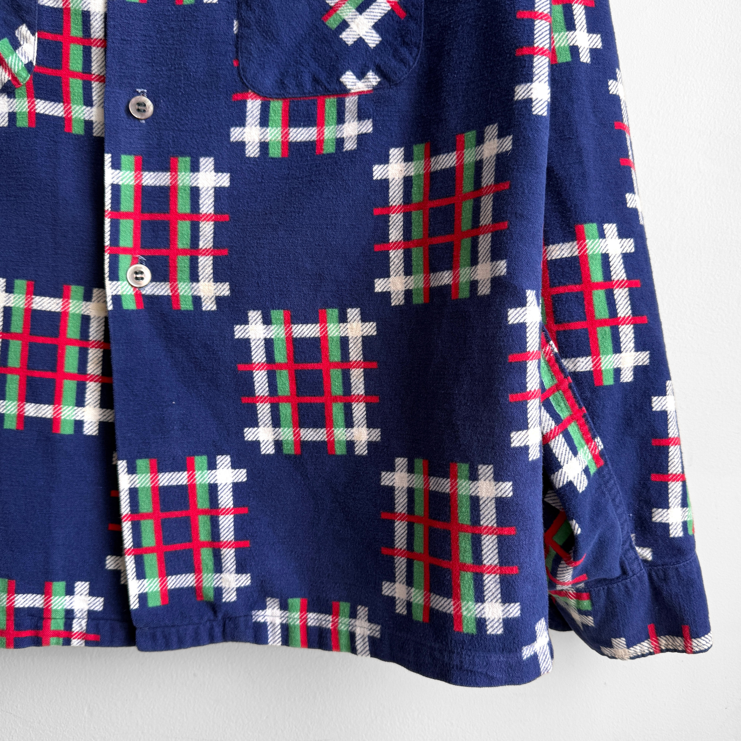 1950s Dark Blue Checkered Plaid Loop Collar Shirt