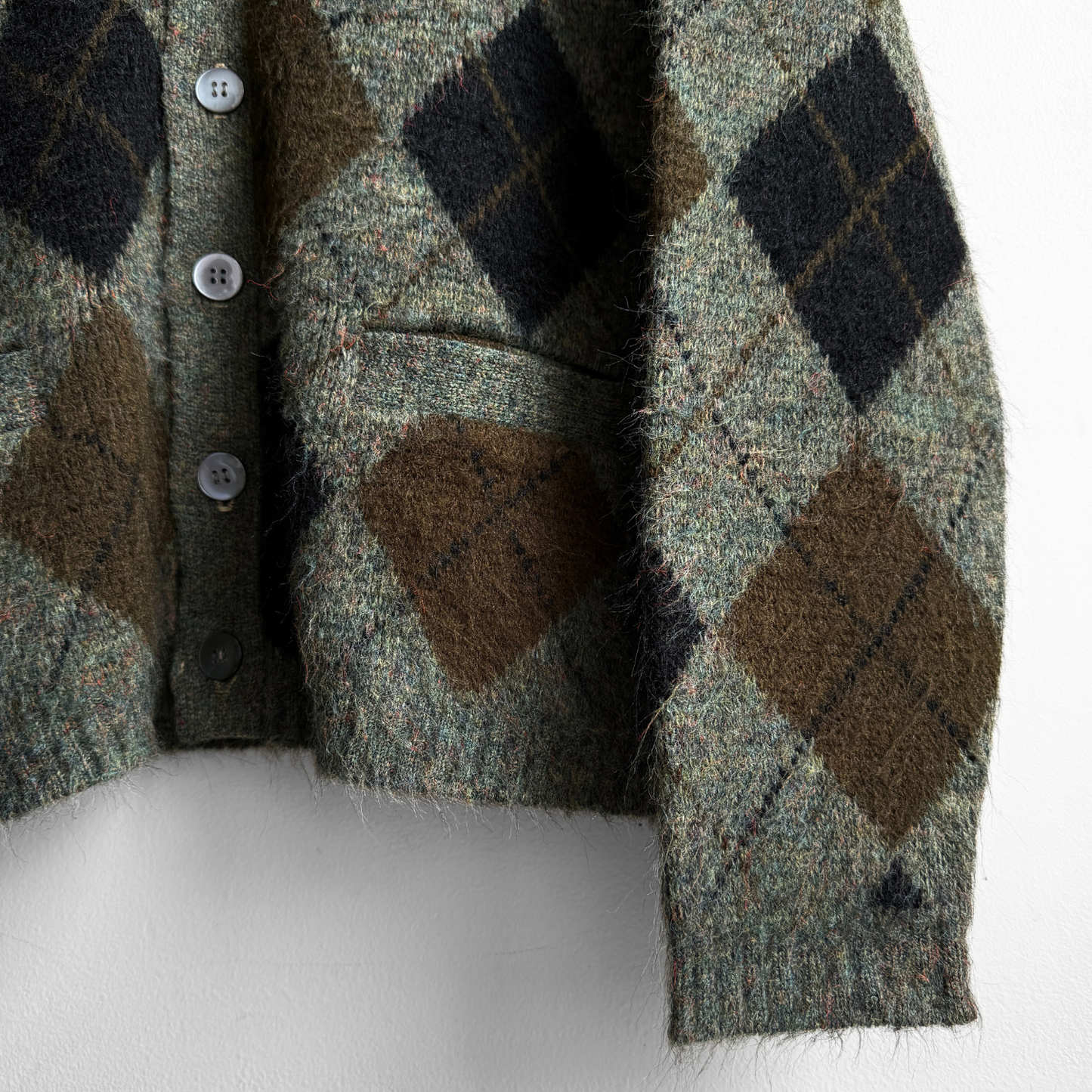 1960s Green Argyle Acrylic Knit Cardigan