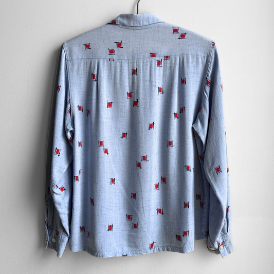 1950s Light Blue Rayon Atomic Print Shirt