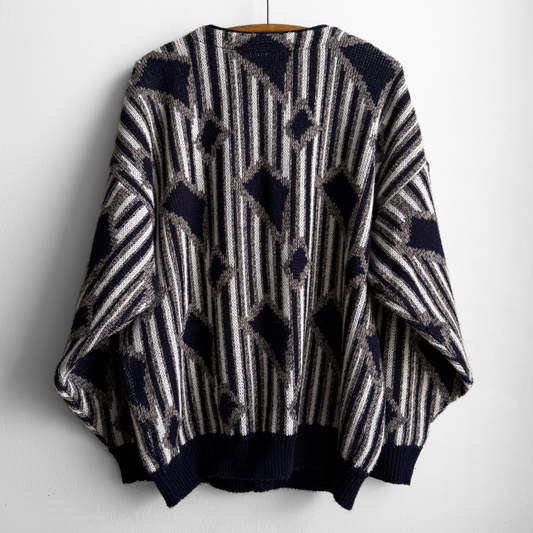 1980s Navy Blue Geometric Acrylic Knit Cardigan