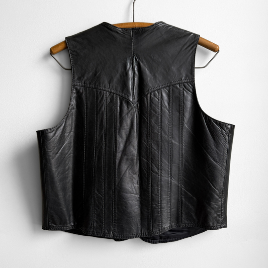 1980s Black Genuine Leather Snap Vest