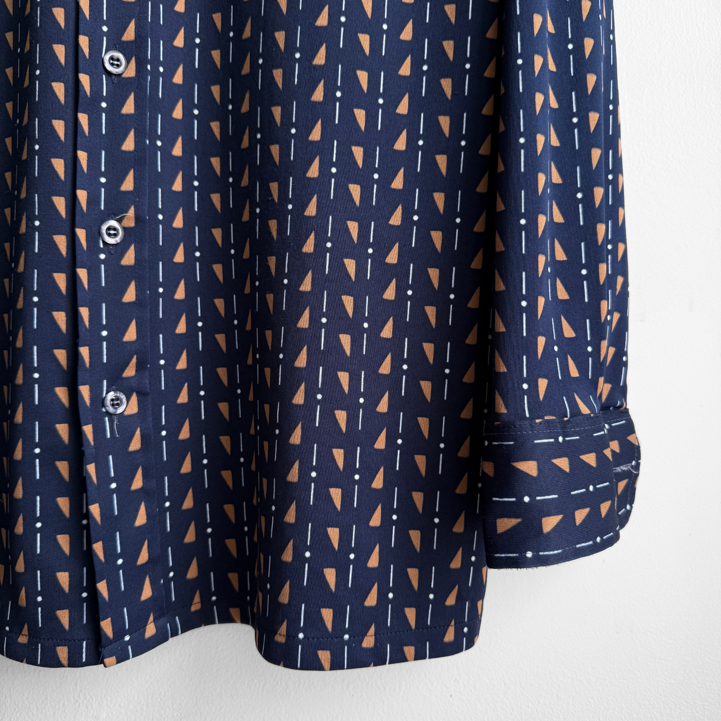 1970s Navy Blue Geometric Print Sport Shirt