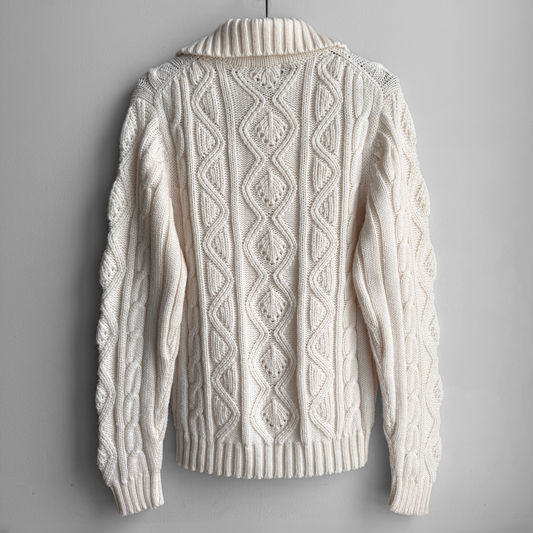 1970s Cream Cable Knit Polo Sweater