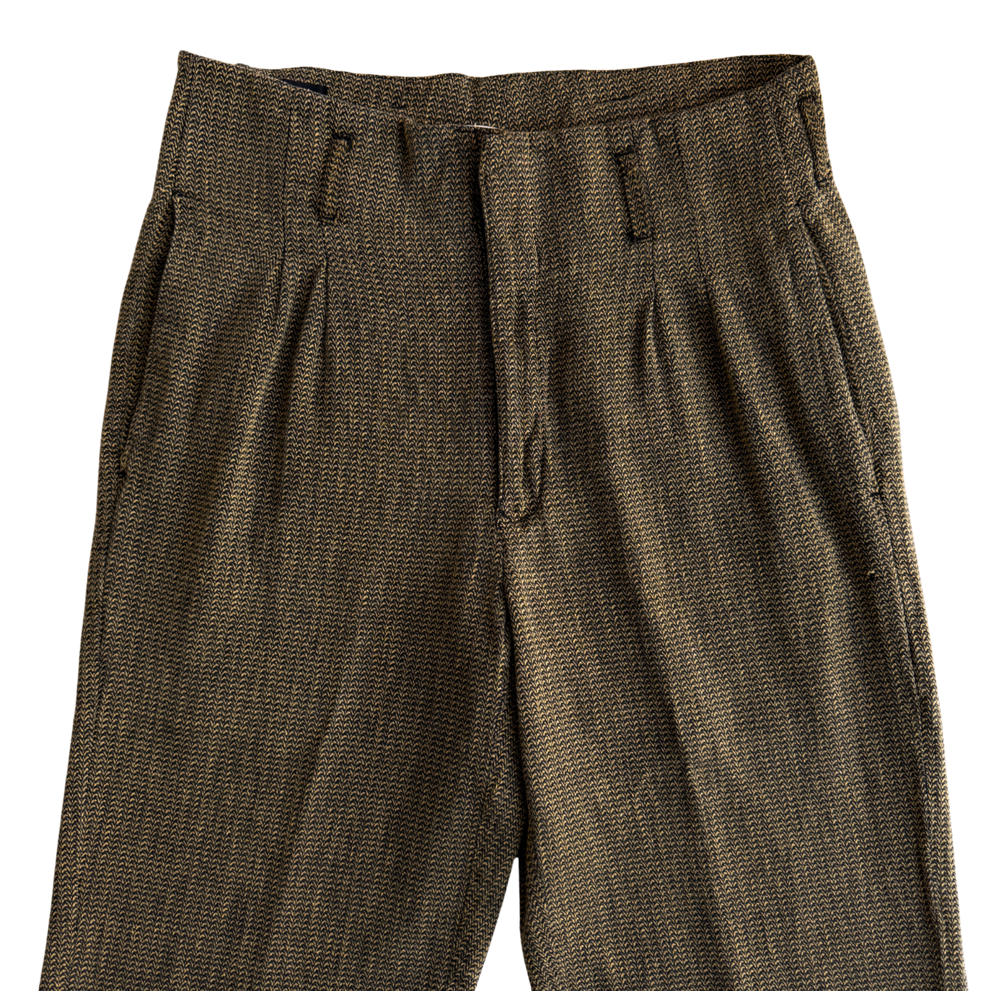 1980s Yellow & Black Herringbone Pleated Dress Pants (31)