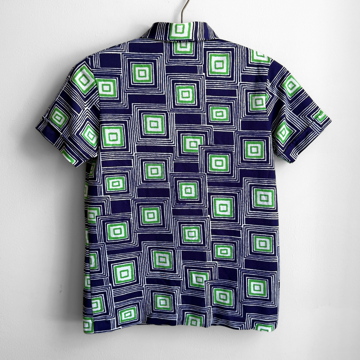1970s Blue & Green Square Print Polo Shirt