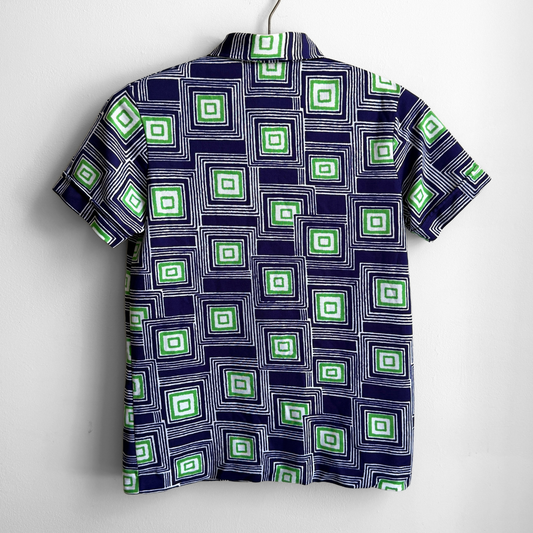 1970s Blue & Green Square Print Polo Shirt