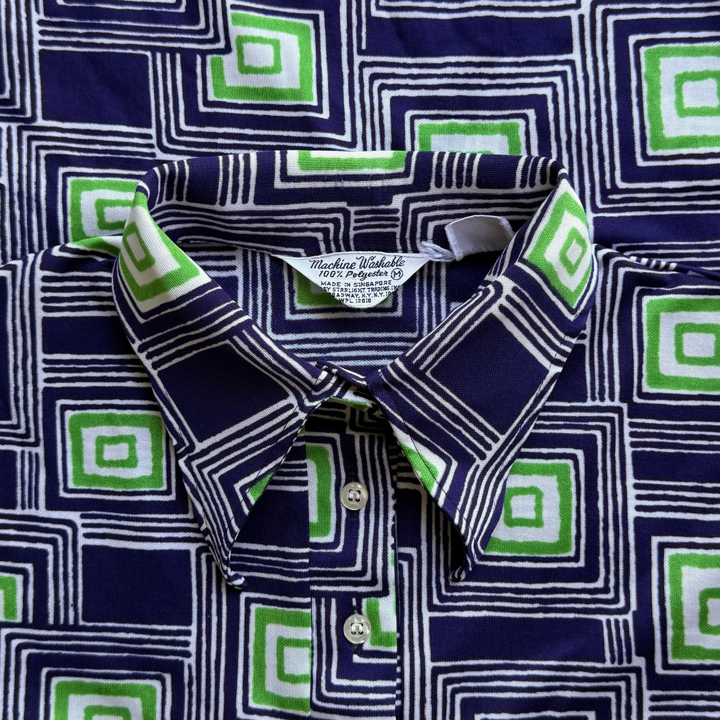 1970s Blue & Green Square Print Polo Shirt