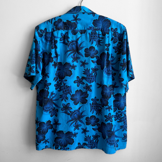 1960s Blue Hibiscus Floral Print Hawaiian Shirt