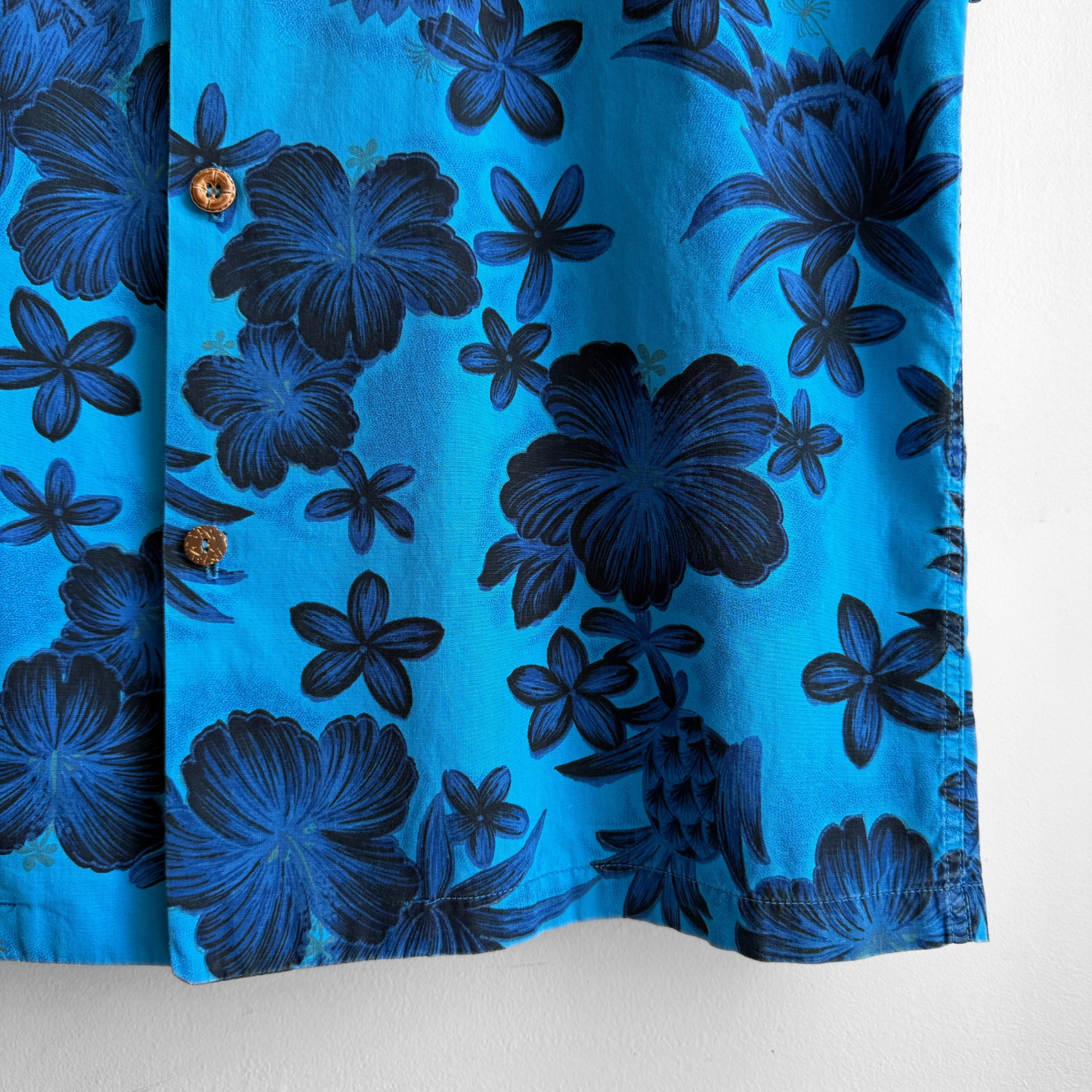 1960s Blue Hibiscus Floral Print Hawaiian Shirt
