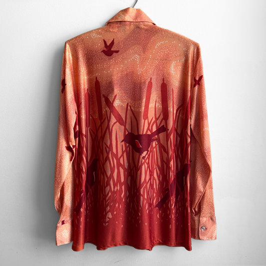 1970s Dark Orange Scenic Birds Sport Shirt