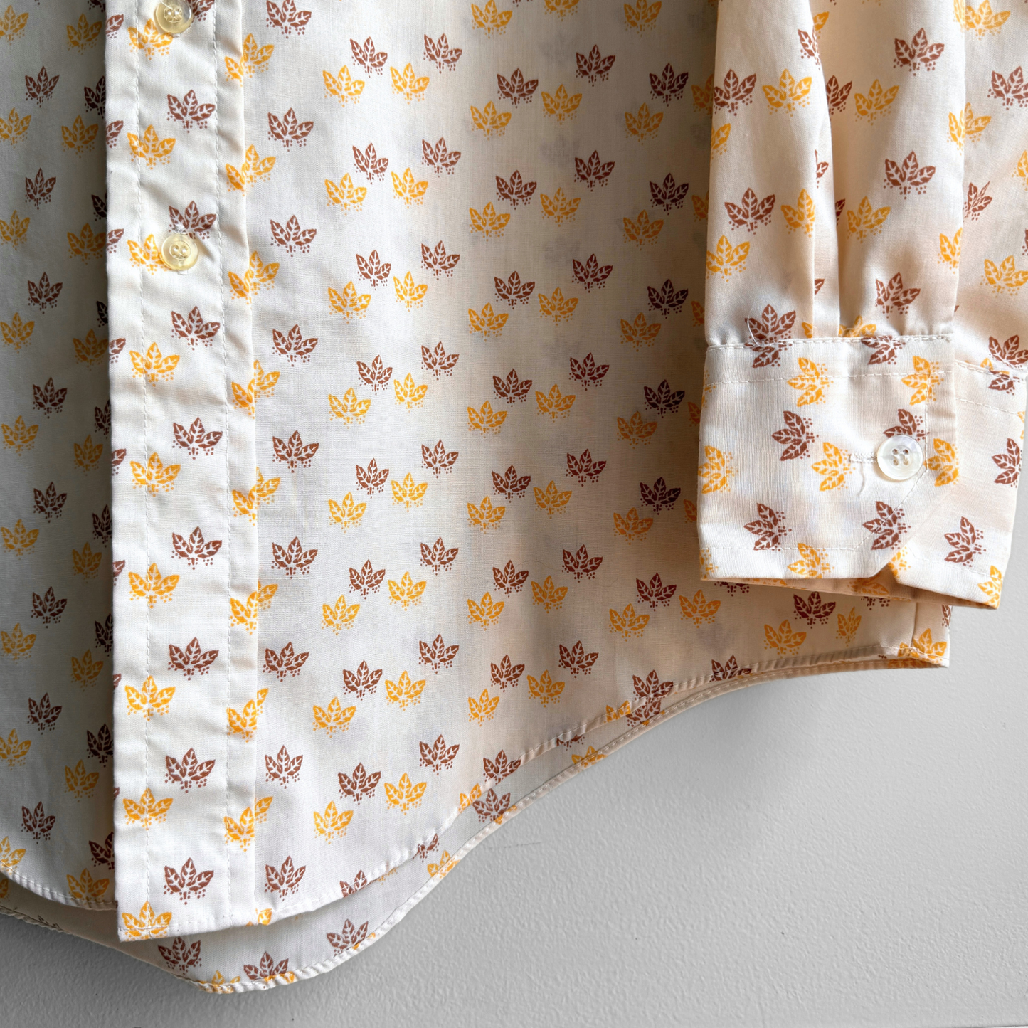 1970s Light Orange Autumn Leaf Print Dress Shirt