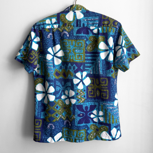 1960s Blue & Green Floral Barkcloth Hawaiian Shirt