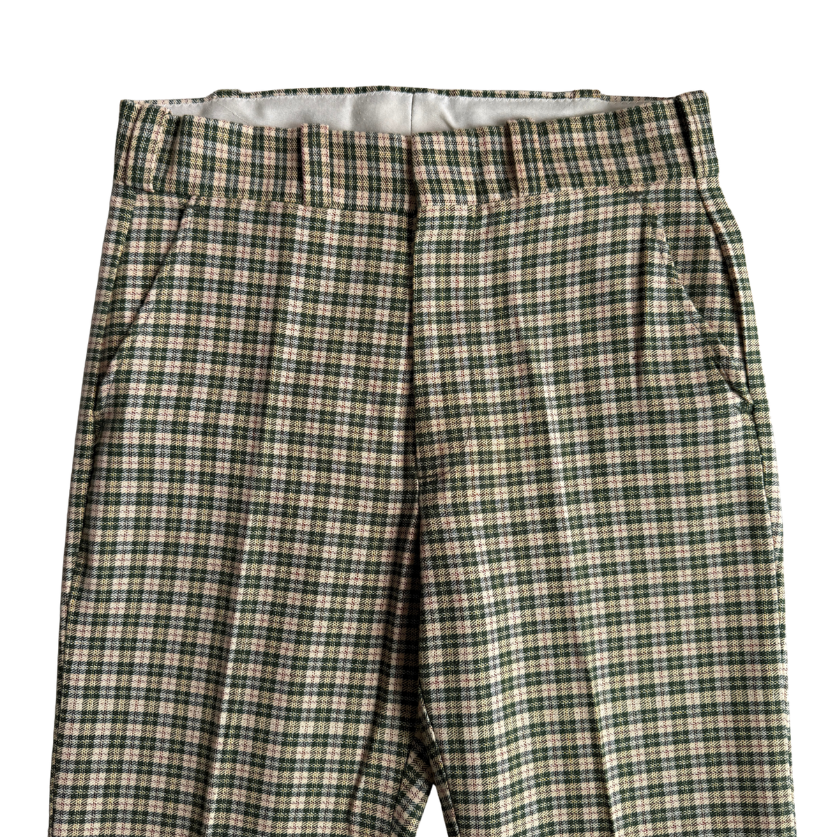 1970s Green & Cream Plaid Check Dress Pants (31)