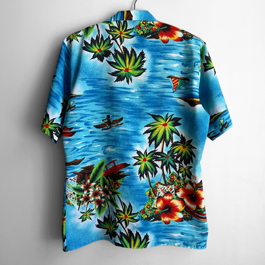 1970s Blue Hibiscus Palm Print Hawaiian Shirt