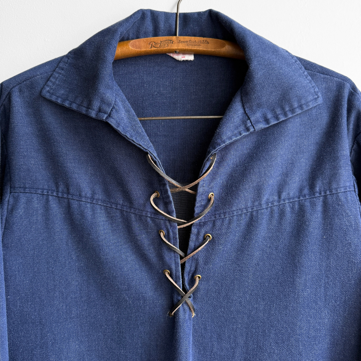 1970s Blue Denim Pullover Lace Up Shirt