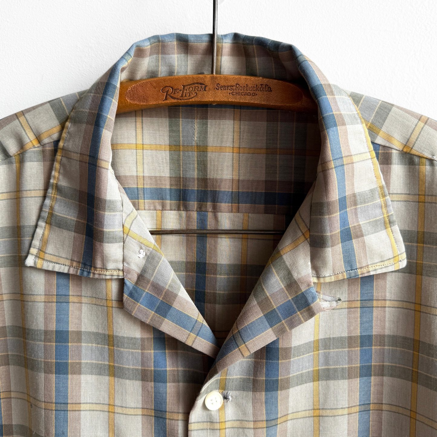 Vintage 1960s Green & Blue Poly Blend Loop Collar Plaid Shirt - Shop ThreadCount Vintage Co.