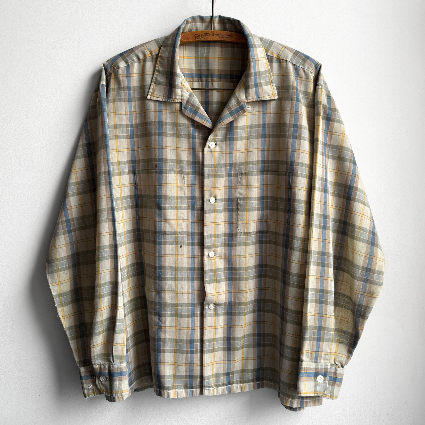 Vintage 1960s Green & Blue Poly Blend Loop Collar Plaid Shirt - Shop ThreadCount Vintage Co.