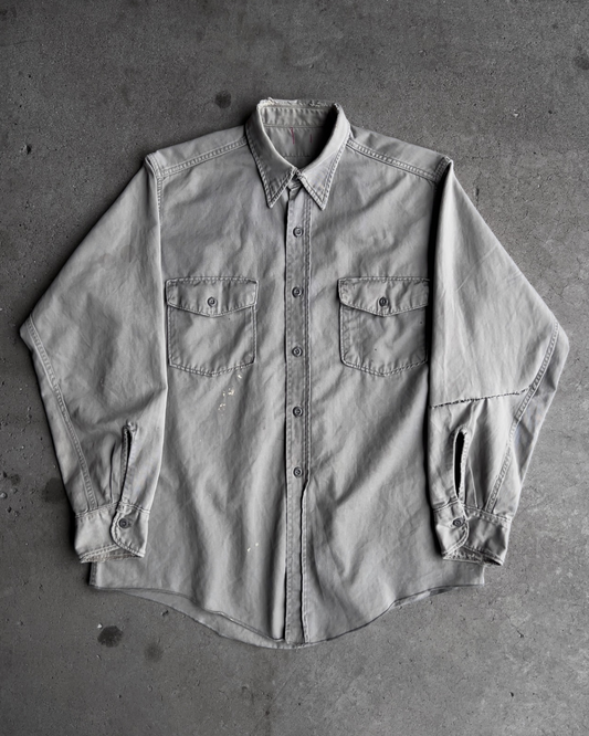 1950s Grey Cotton Twill Repaired Work Shirt  - Shop ThreadCount Vintage Co.