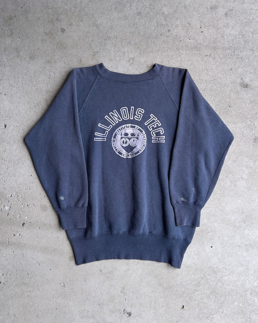 1960s Illinois Tech Blue Flock Print Crewneck Sweatshirt  - Shop ThreadCount Vintage Co.