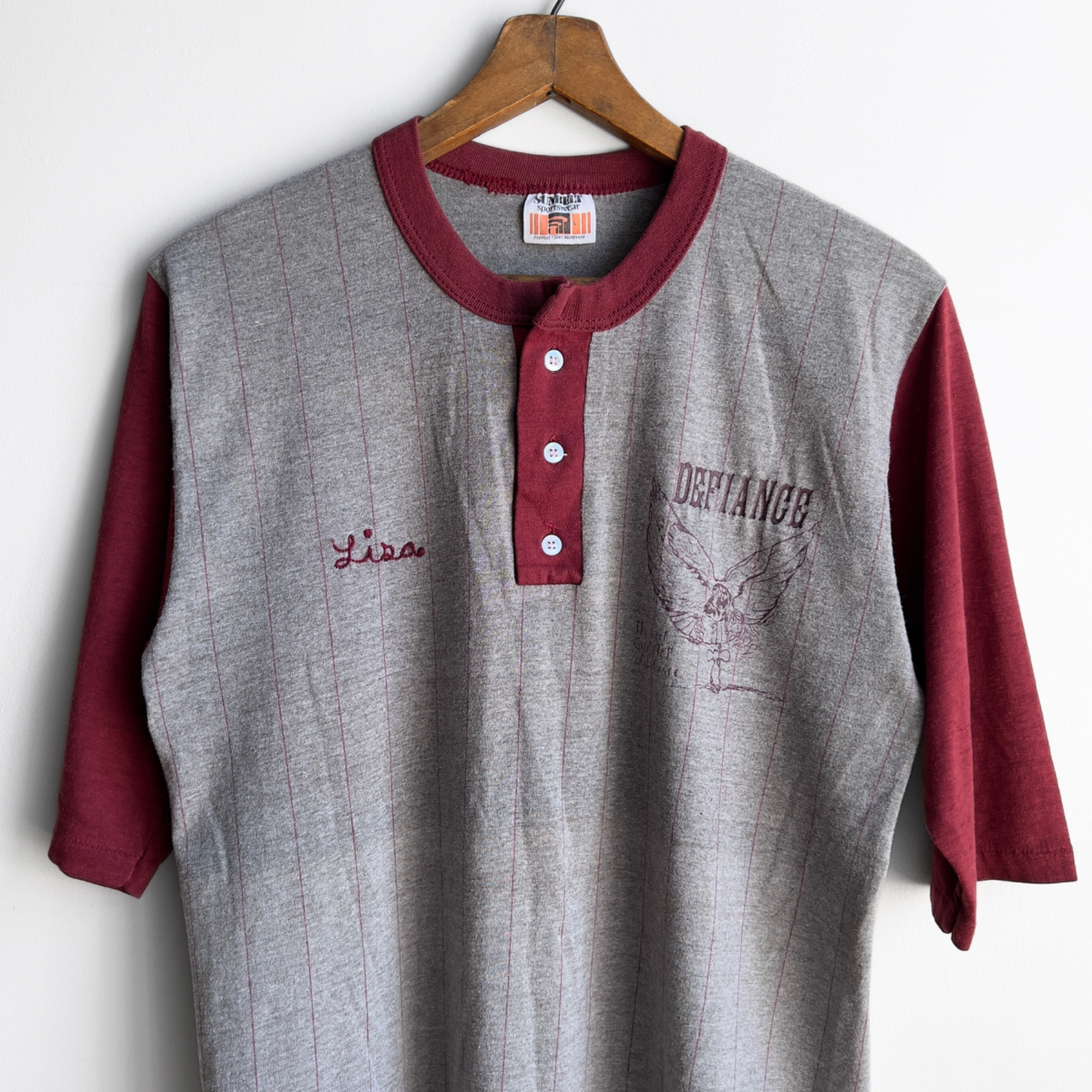 1980s The Last Great Act of Defiance Burgundy Raglan Tee  - Shop ThreadCount Vintage Co.