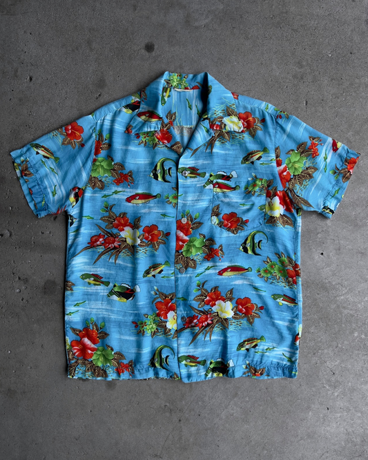 1970s Floral Fish Print Rayon Hawaiian Shirt  - Shop ThreadCount Vintage Co.