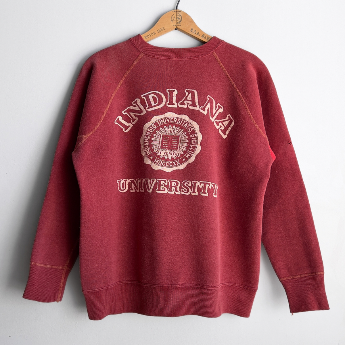 1960s Indiana University Faded Red Cotton Raglan Sweatshirt - Shop ThreadCount Vintage Co.