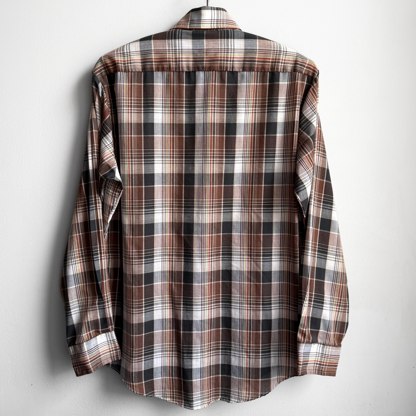 Vintage 1980s Brown & Black Poly Blend Plaid Button Up Shirt - Shop ThreadCount Vintage Co.