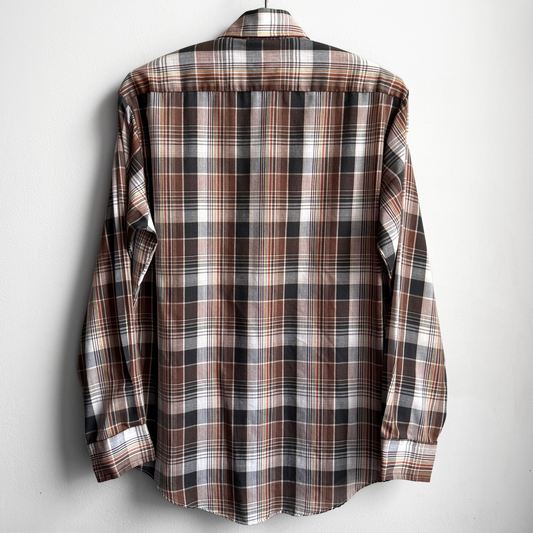 1980s Brown & Black Poly Blend Plaid Button Up Shirt  - Shop ThreadCount Vintage Co.