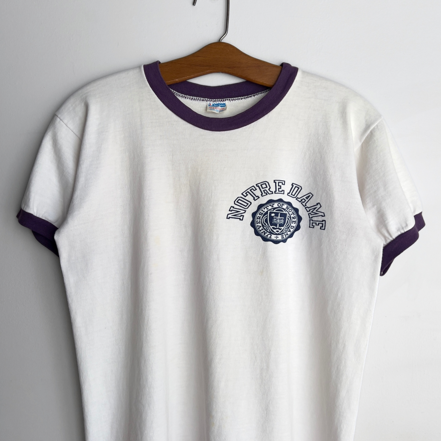 Vintage 1970s Notre Dame University White & Purple Ringer Tee - Shop ThreadCount Vintage Co.