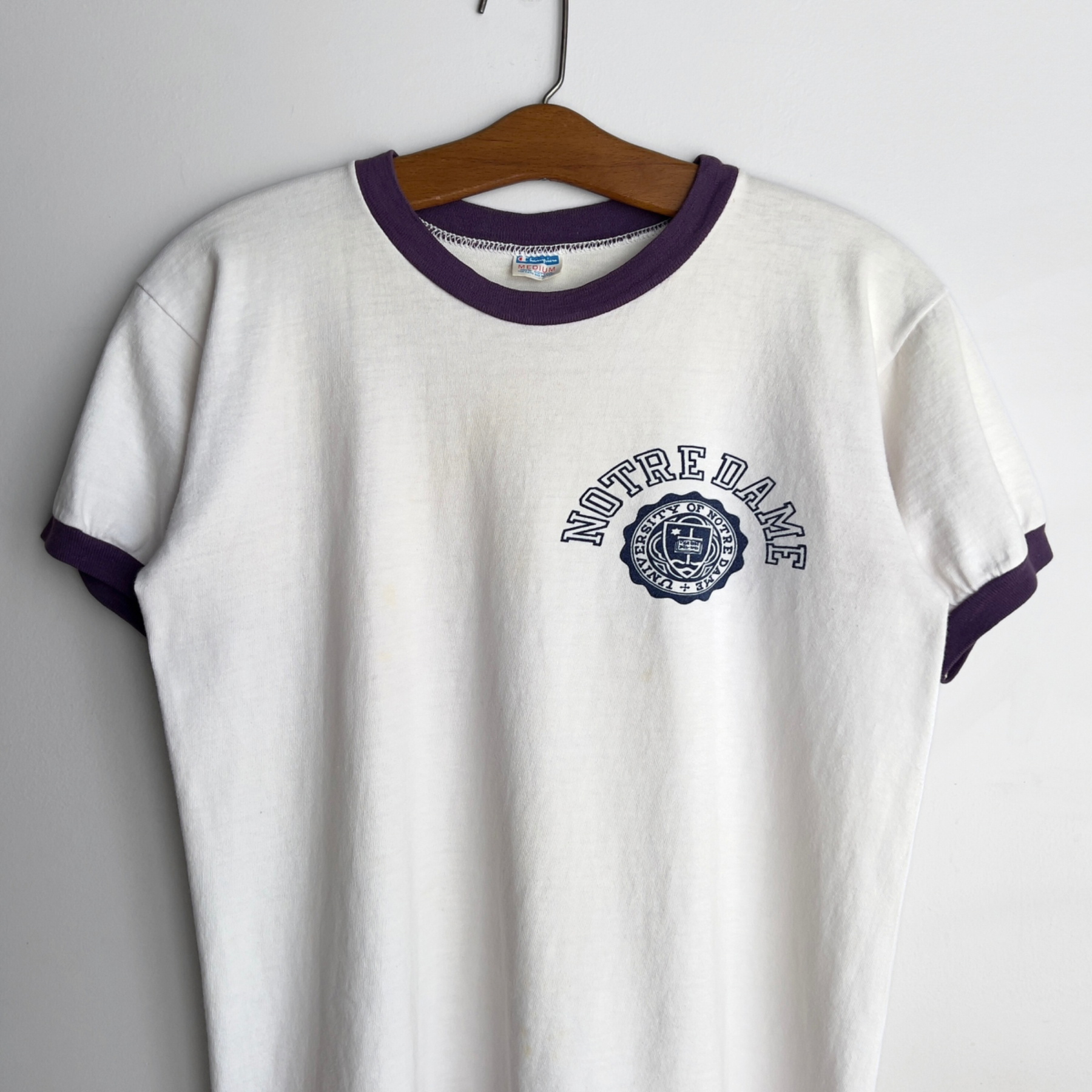 1970s Notre Dame University White & Purple Ringer Tee  - Shop ThreadCount Vintage Co.